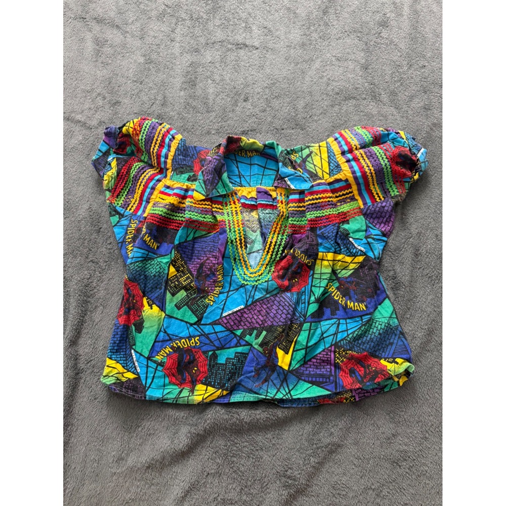 Vintage Spiderman Native Tribal Huipil Blouse Shirt Colorful Boho Graphic 90s